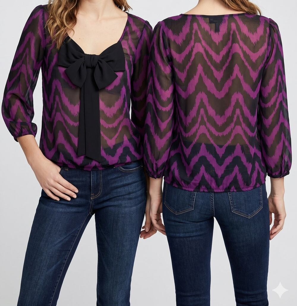 iz byer Large Purple Black Sheer Top Big Bow Front NEW NWT